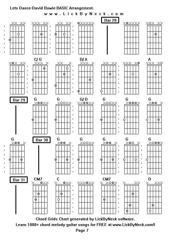 Chord Grids Chart of chord melody fingerstyle guitar song-Lets Dance-David Bowie-BASIC Arrangement,generated by LickByNeck software.